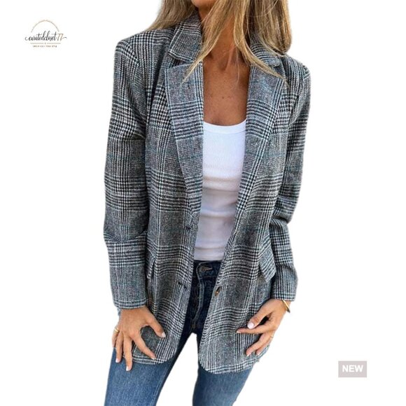 Women's Tweed Blazer Plaid Houndstooth Business Casual Work Jacket